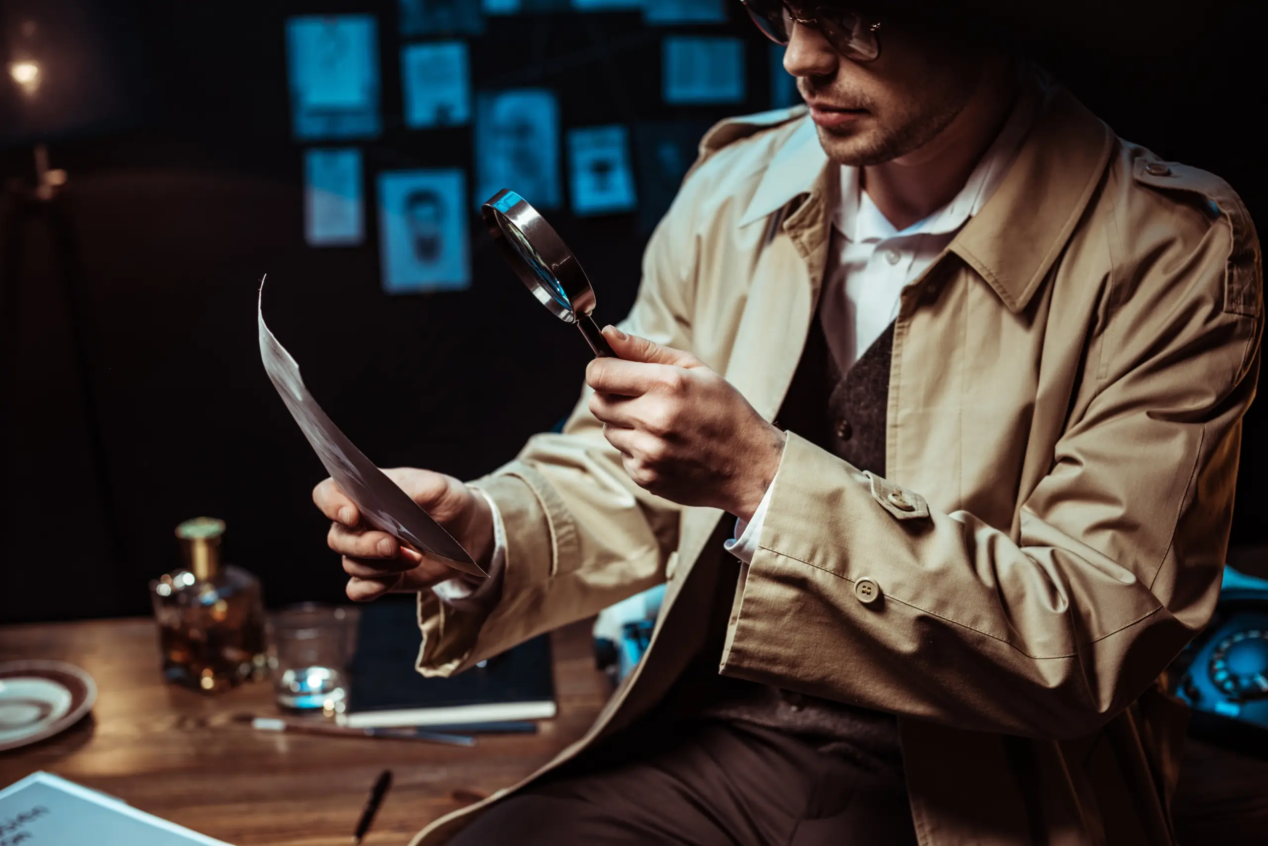 un investigatore privato che analizza delle prove